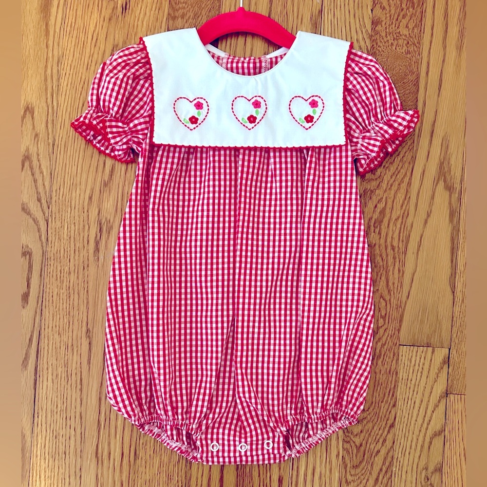 NEW Classic Whimsy Valentine’s Day Red Check Embroidery Hearts Bubble 12M